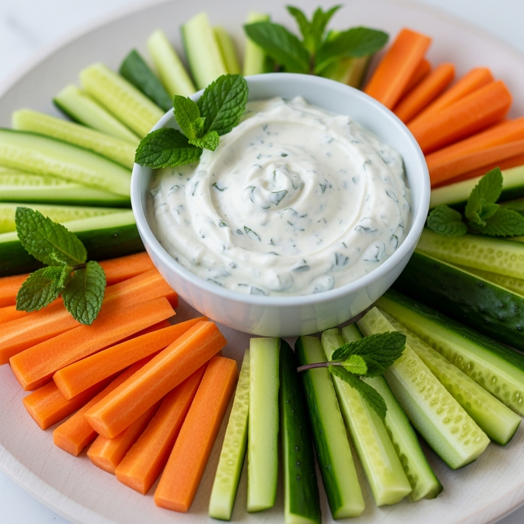 Palitos de Cenoura e Pepino com Dip de Iogurte e Hortelã