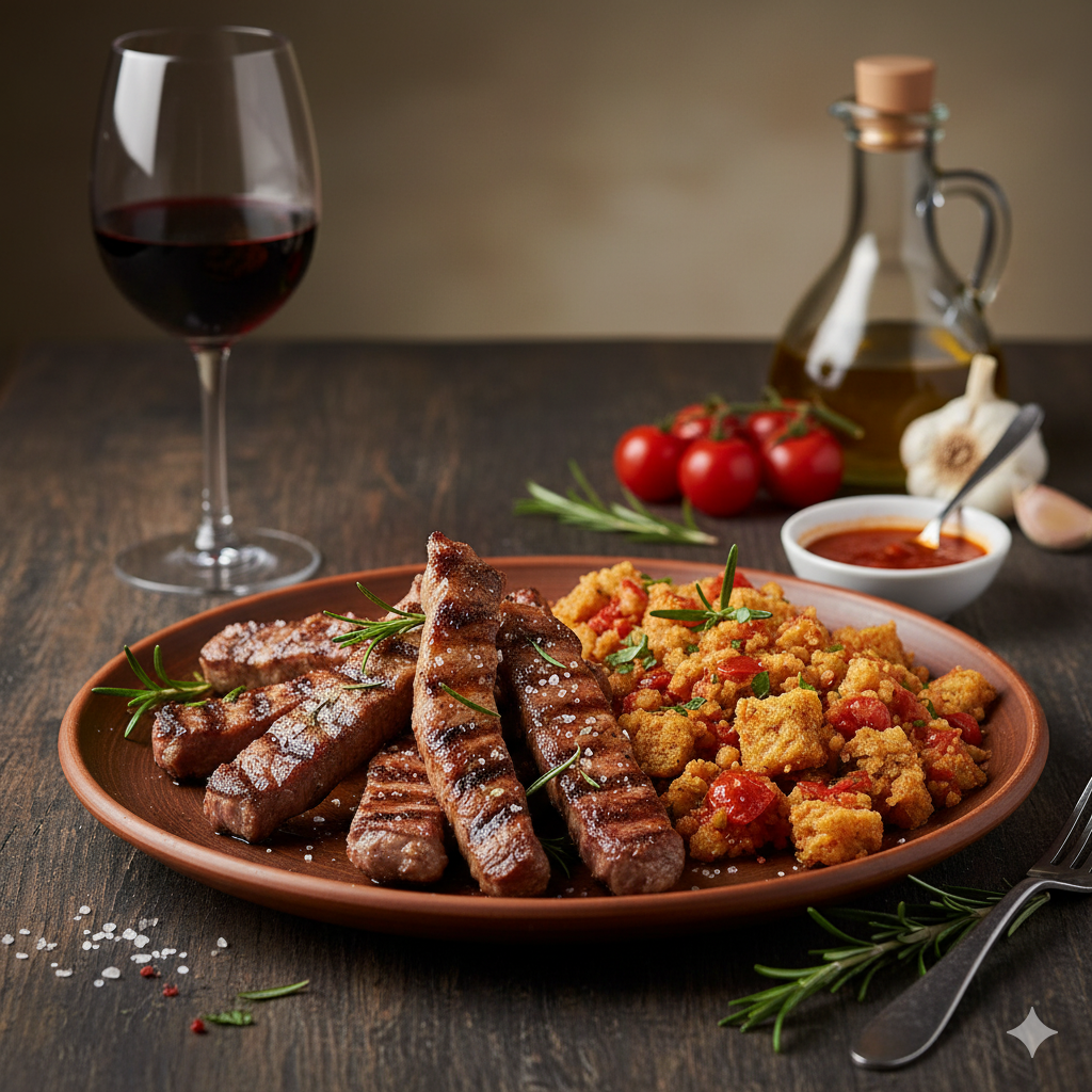 Lagartos de Porco Preto Grelhados com Migas de Tomate